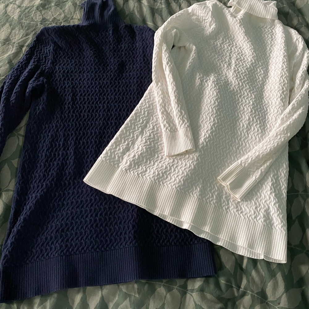 Two Lands End turtleneck tunic sweaters Medium navy and white